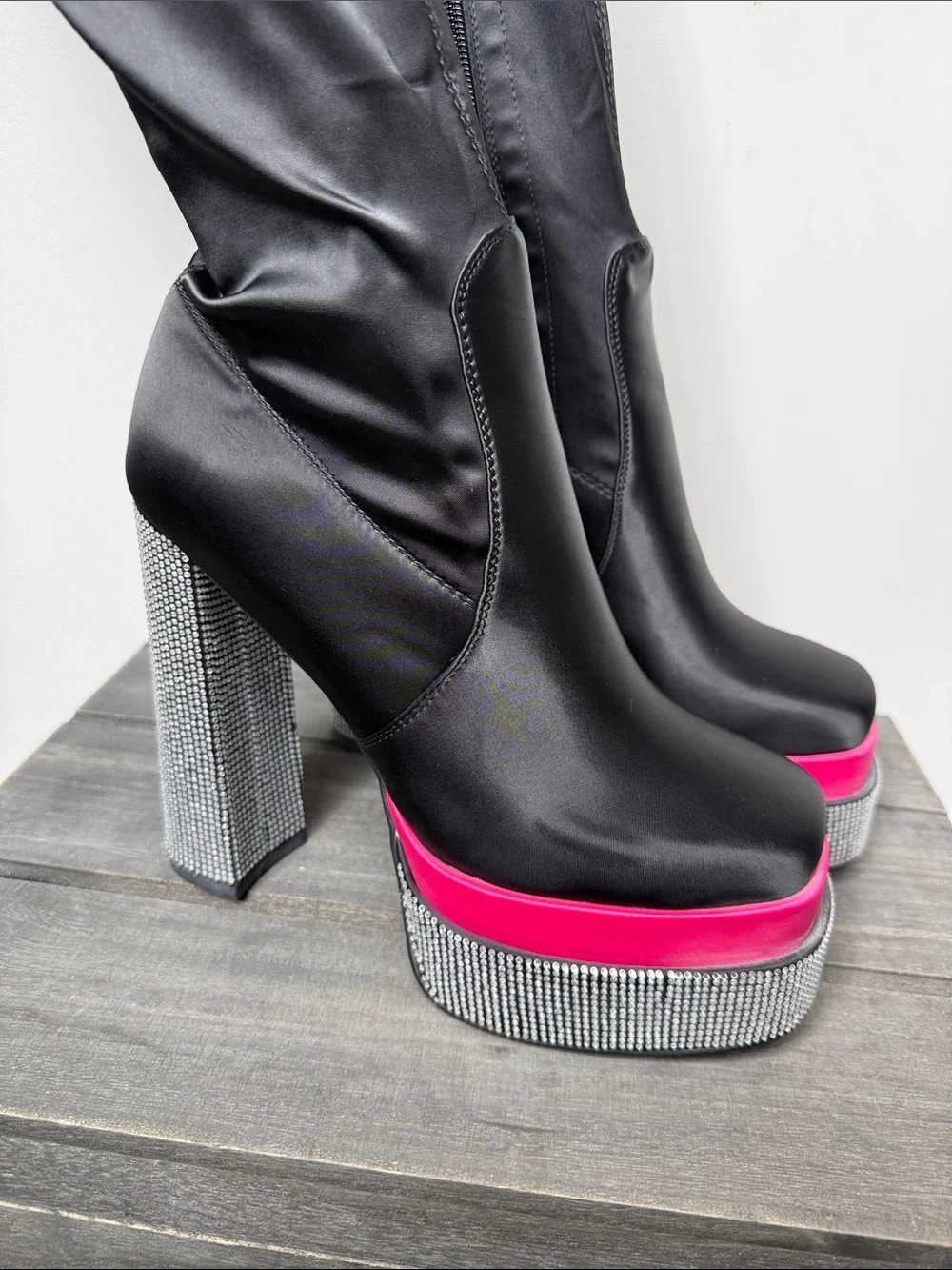 Women's Black satin Platform Boots with Pink Accent
